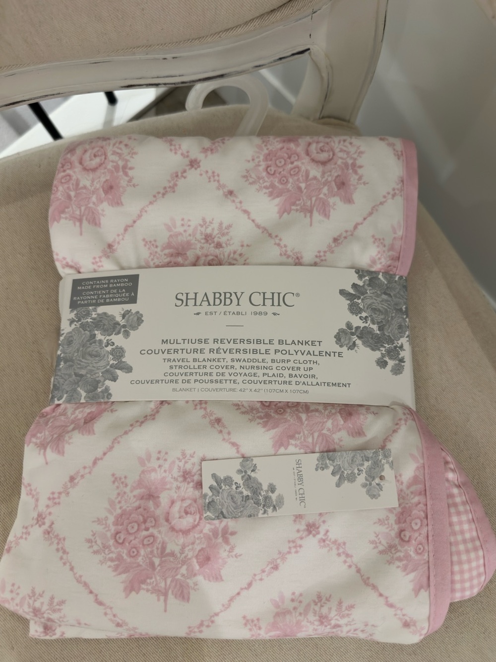 ๐ฆข NWT Shabby Chic Pink Floral & Gingham Reversible Multiuse Throw Baby Blanket